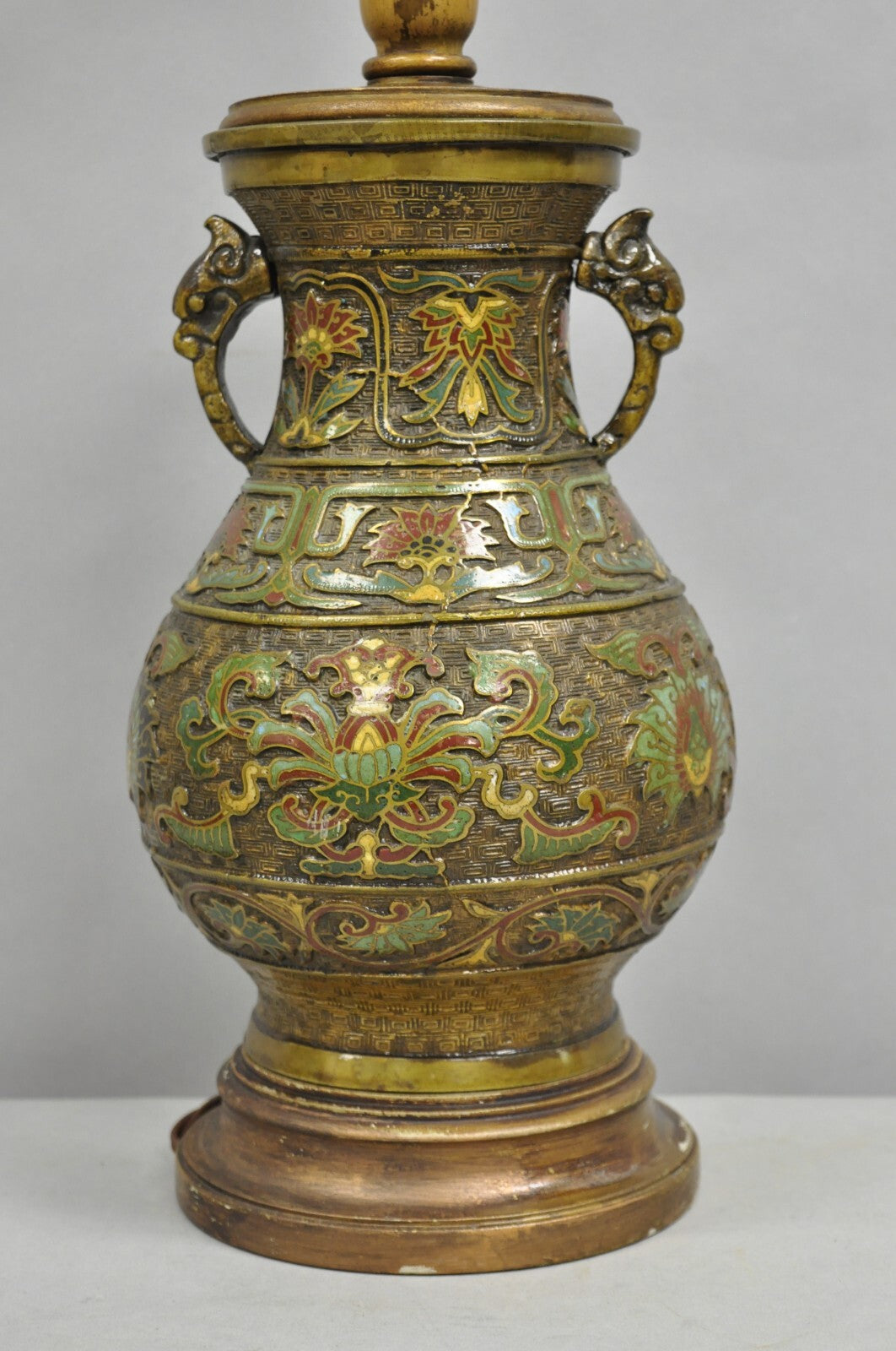 Vintage Chinese Porcelain Enamel Bronze Lacquered Cloisonne Champleve Table Lamp
