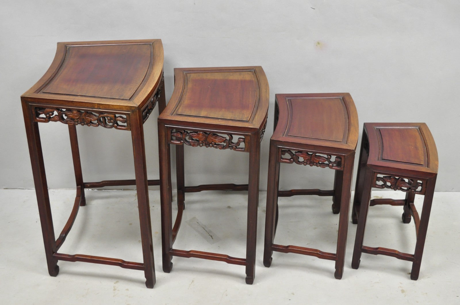 Vintage Chinese Carved Hardwood Curved Frame Nesting Side Tables - Set of 4