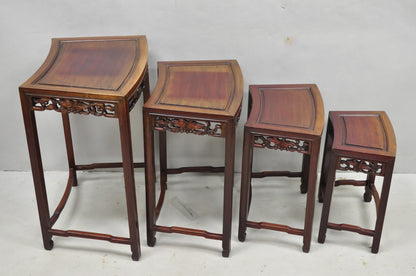 Vintage Chinese Carved Hardwood Curved Frame Nesting Side Tables - Set of 4