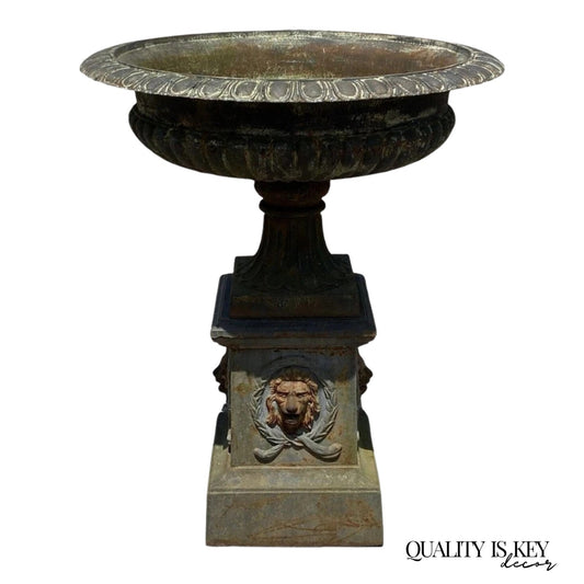 Vintage French Empire Large Cast Iron 42" Round Lion Urn Garden Planter on Base