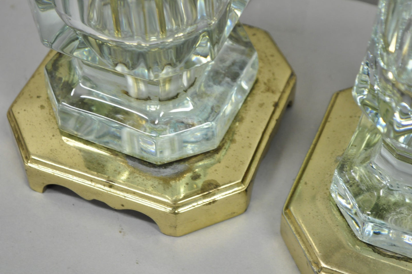 Vintage Cofrac Art Verrier French Leaded Crystal Glass & Brass Table Lamps, Pair