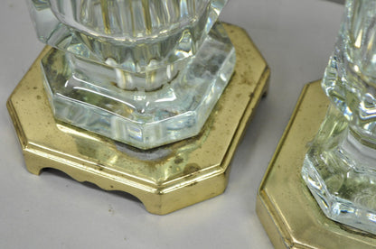 Vintage Cofrac Art Verrier French Leaded Crystal Glass & Brass Table Lamps, Pair