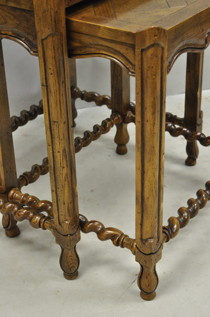 Vintage Baker Barley Twist Oak Parquetry Inlay Nesting Step Lamp Side Tables
