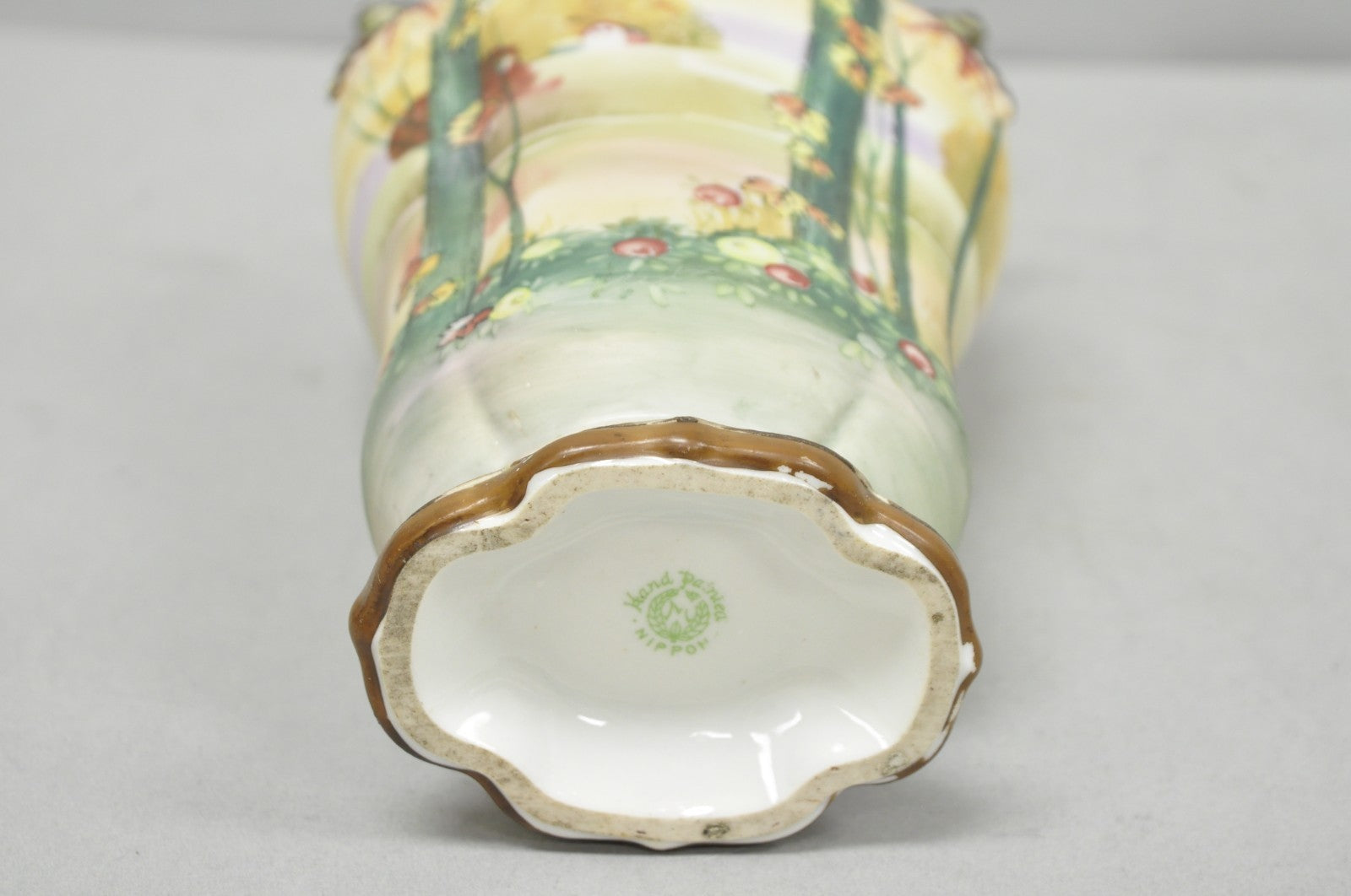 Antique Nippon Hand Painted Porcelain Moriage Twin Handle Countryside Scene Vase
