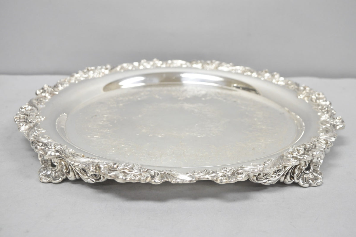 Vintage Wilcox Victorian Silver Plated Round Ornate Footed Salver Serving Tray