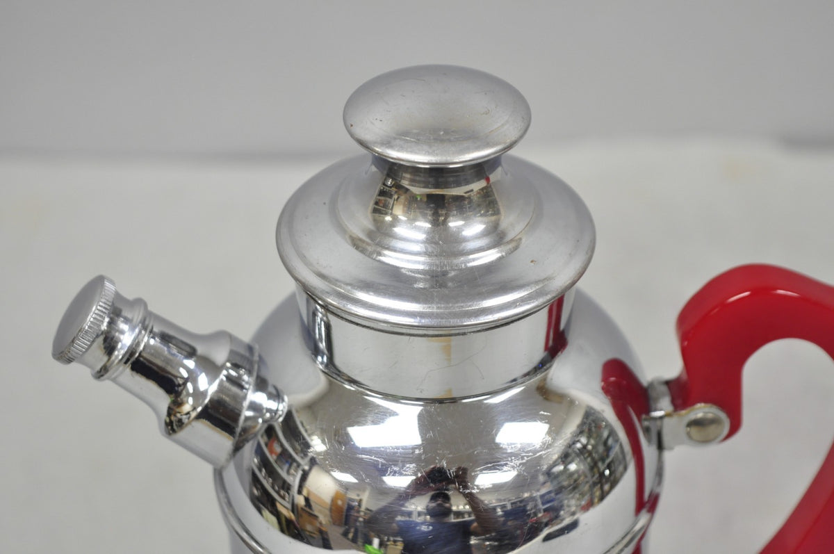 Vintage Art Deco Chrome Cocktail Martini Shaker Red Bakelite Handle by Chromium