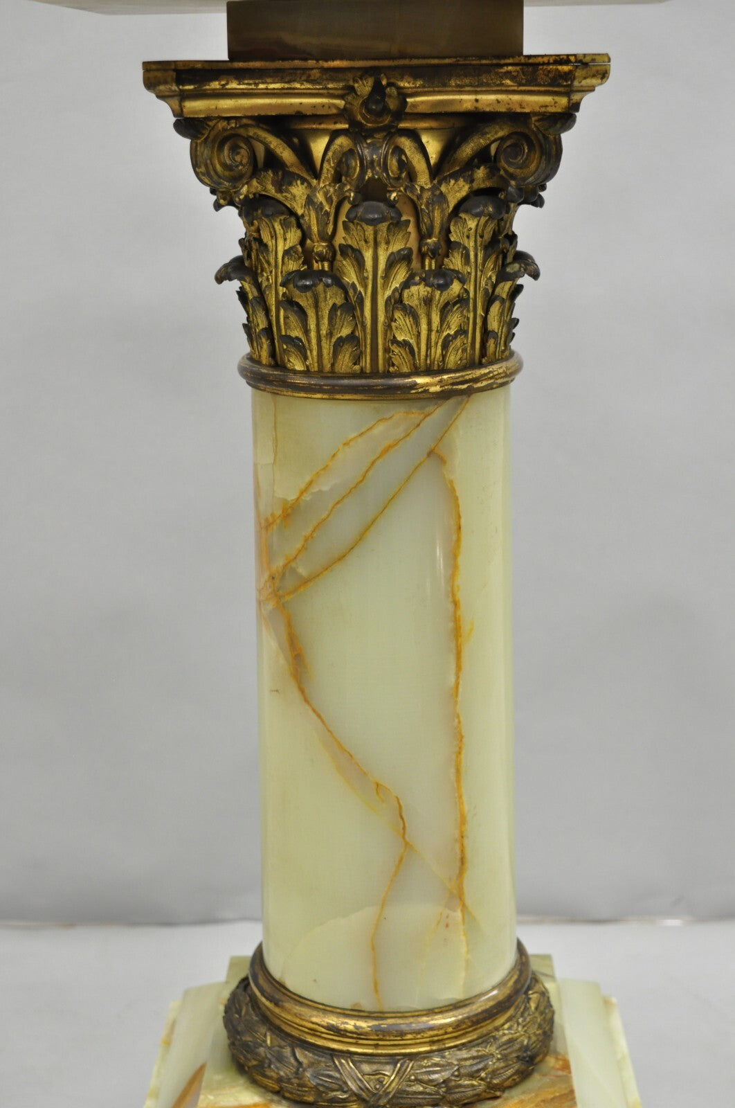 Antique French Empire Bronze Classical Corinthian Column Green Onyx 30" Pedestal