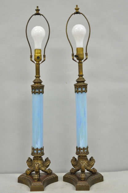 Vintage Italian Neoclassical Empire Iridescent Blue Glass Column Table Lamp Pair