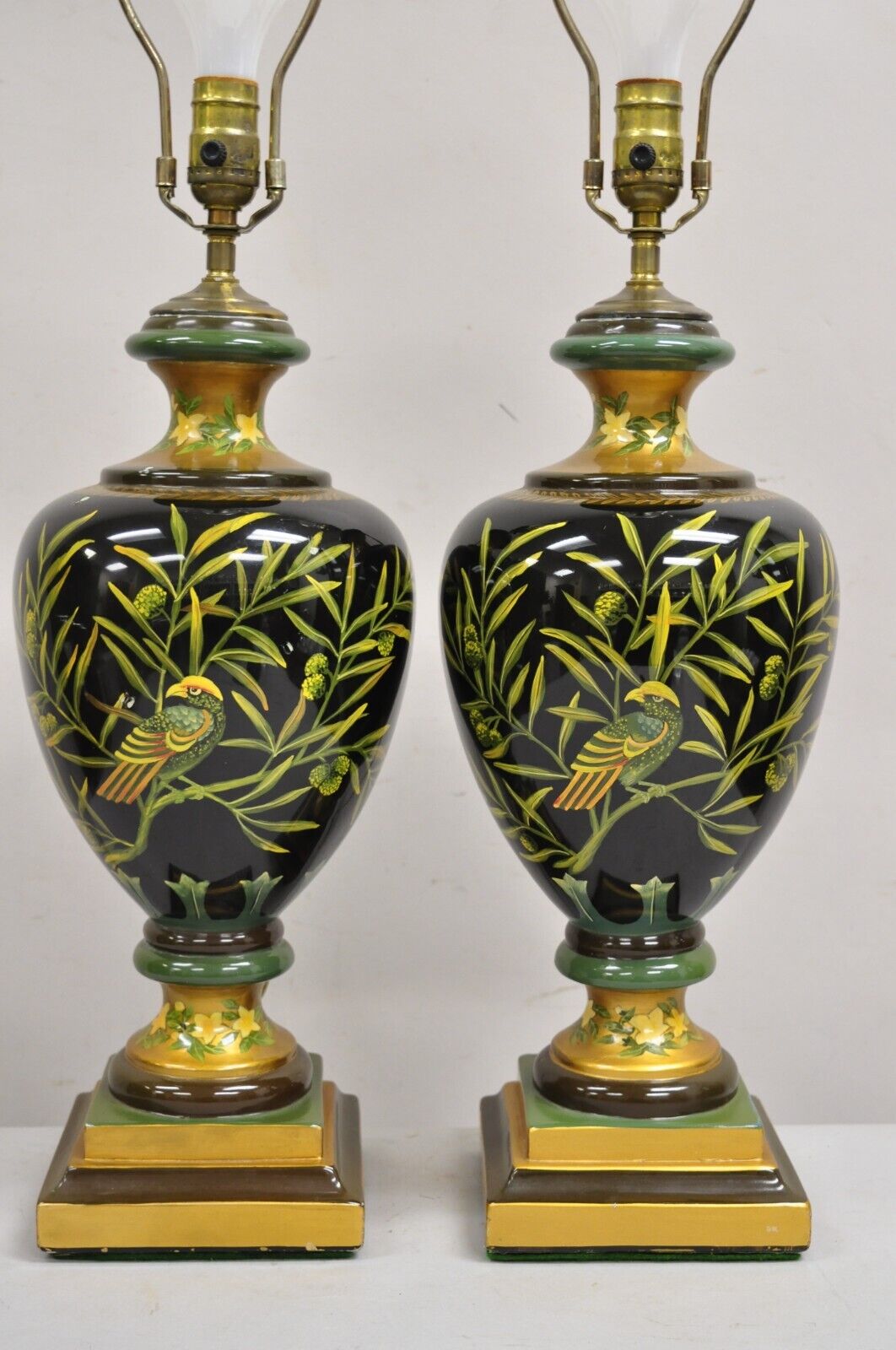 Decorator Hollywood Regency Ceramic Green "Birds of Paradise" Table Lamps - Pair