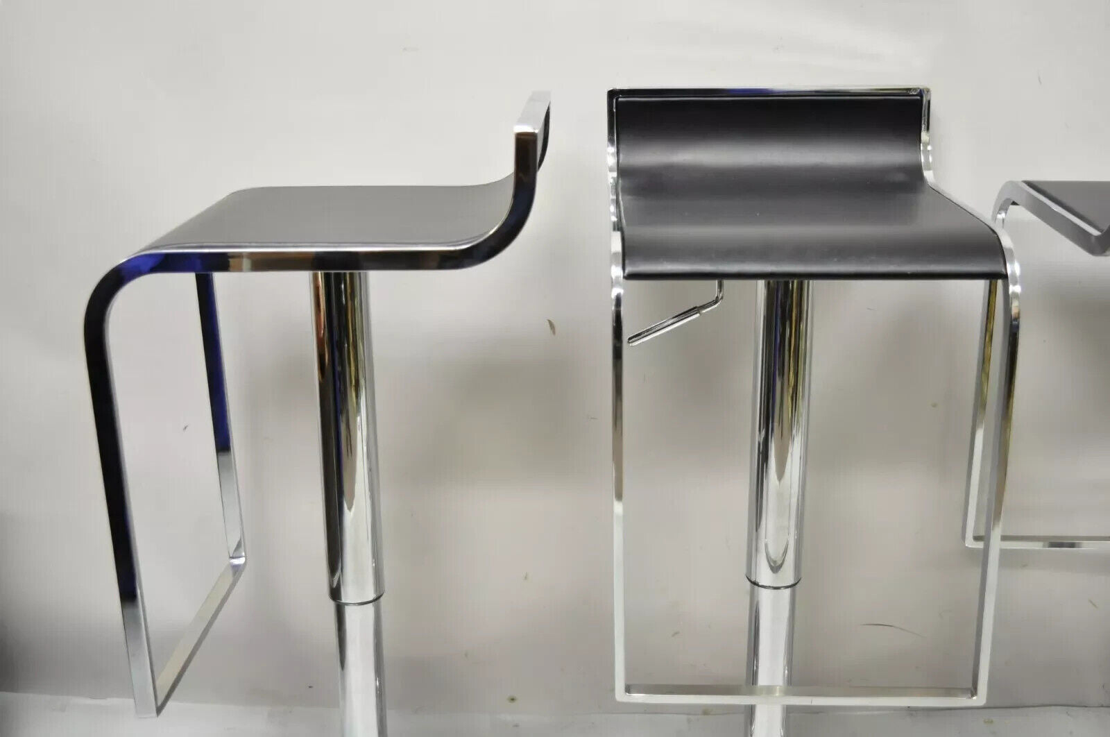 Modern Chrome and Steel Black Leather Adjustable Swivel Bar Stools - Set of 4