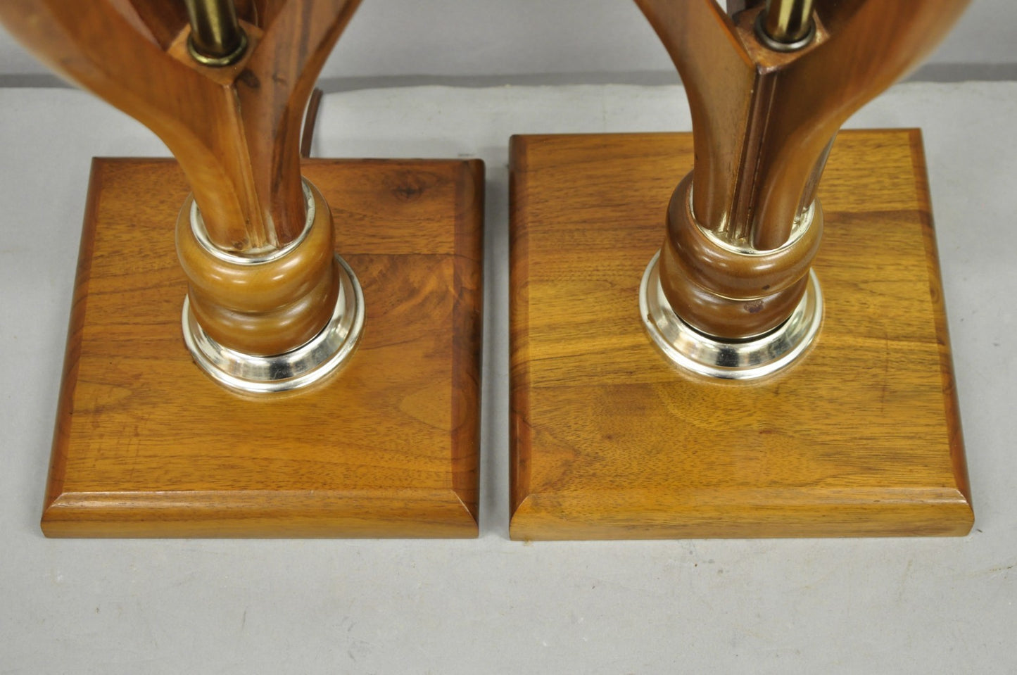 Vintage Mid Century Modern Sculptural Walnut Wood & Brass Table Lamps - a Pair
