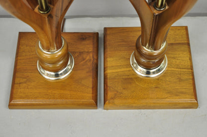 Vintage Mid Century Modern Sculptural Walnut Wood & Brass Table Lamps - a Pair