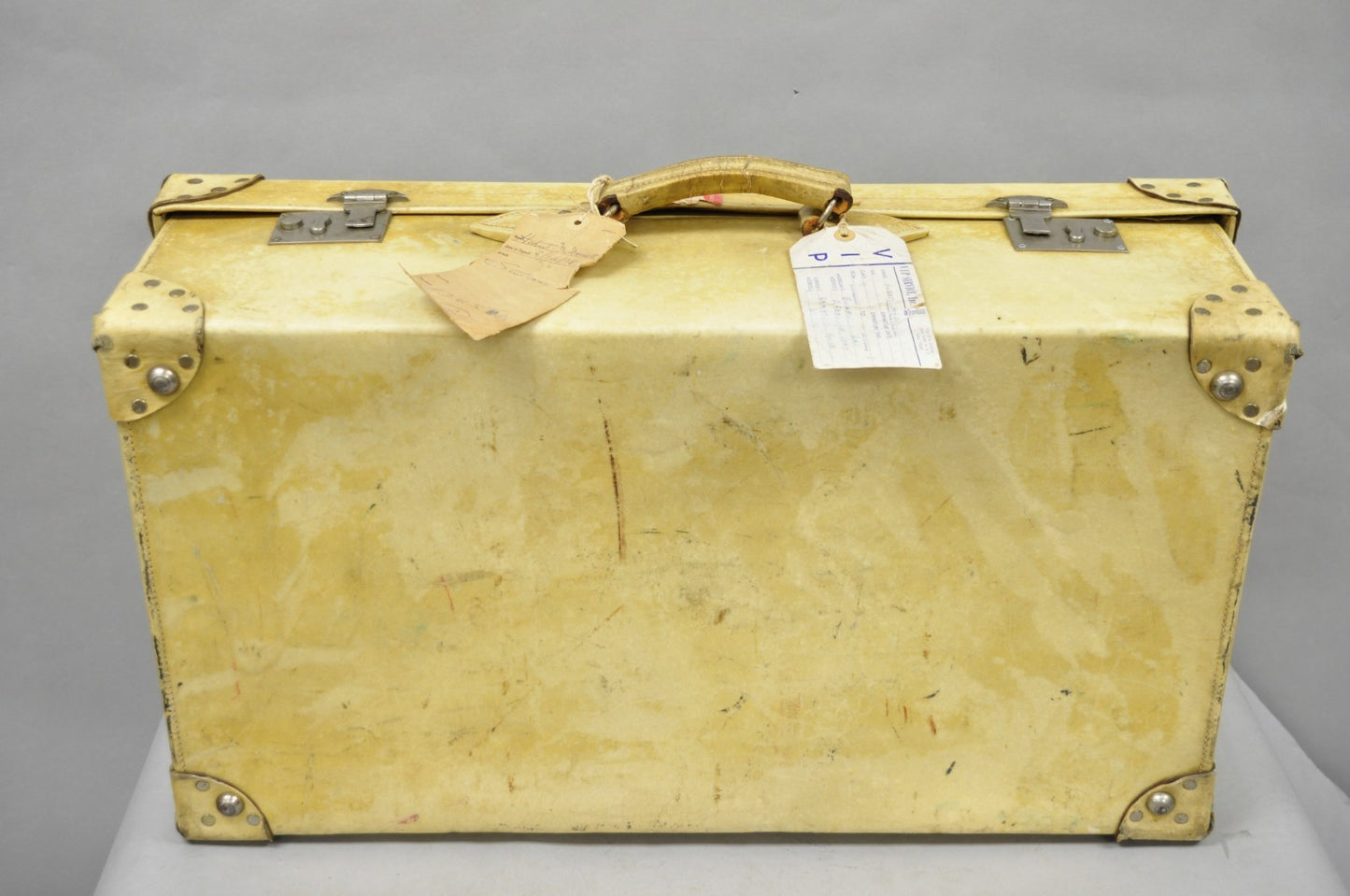 Antique 1930s French Vellum Parchment Large 30" Cream Hard Case Suitcase Luggage