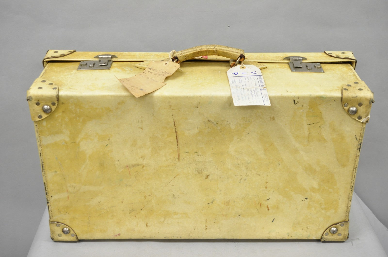 Antique 1930s French Vellum Parchment Large 30" Cream Hard Case Suitcase Luggage