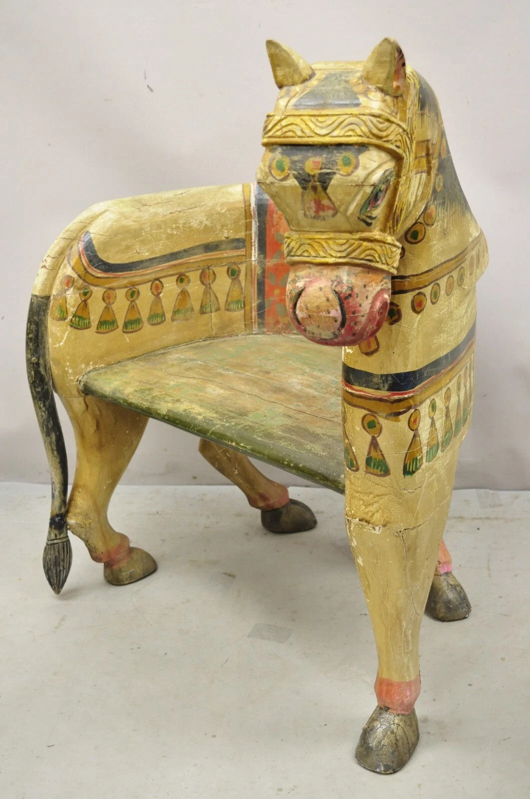 Vintage Figural Primitive Solid Carved Wood Red & Green Horse Bench Seat Chair