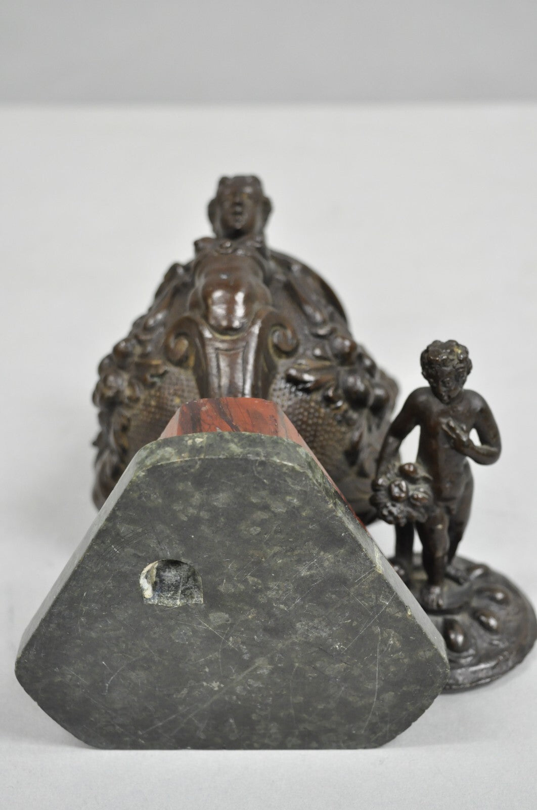 Antique Italian Renaissance Bronze Covered Figural Inkwell on Marble Base