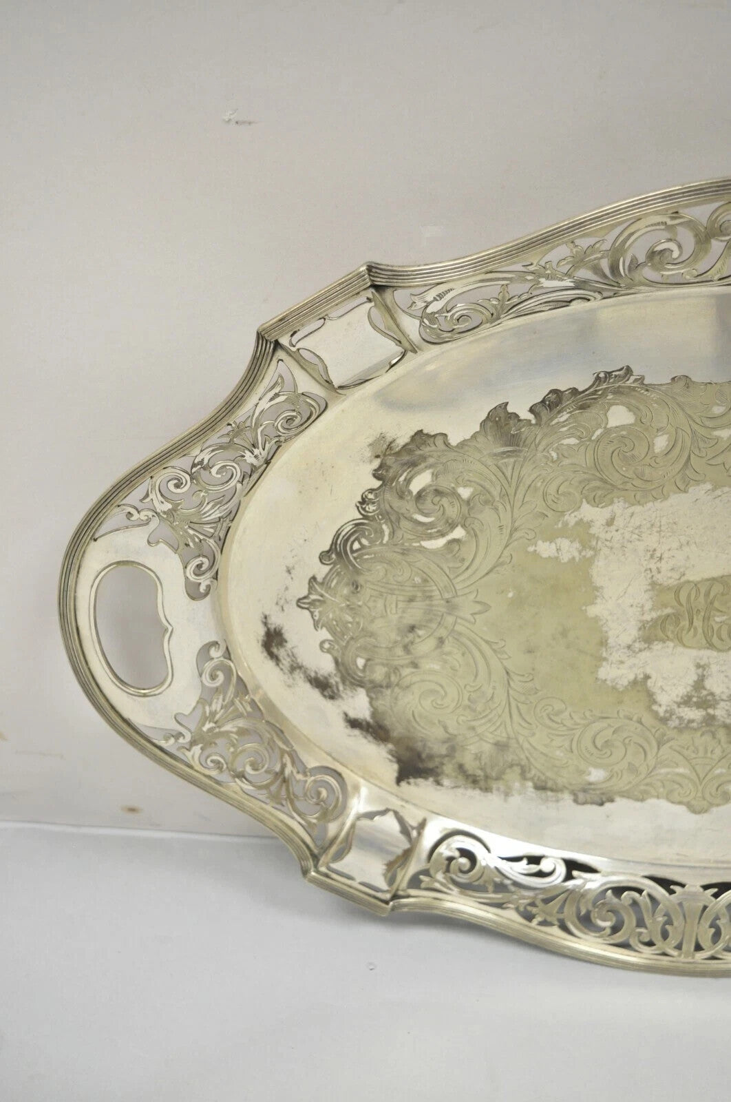 Antique D&H England Victorian Silver Plated Scalloped Serving Platter Bar Tray