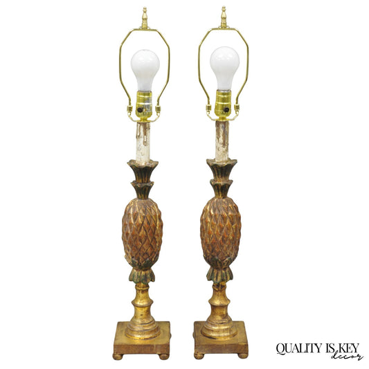 Vintage Italian Hollywood Regency Carved Gold Giltwood Pineapple Table Lamp Pair
