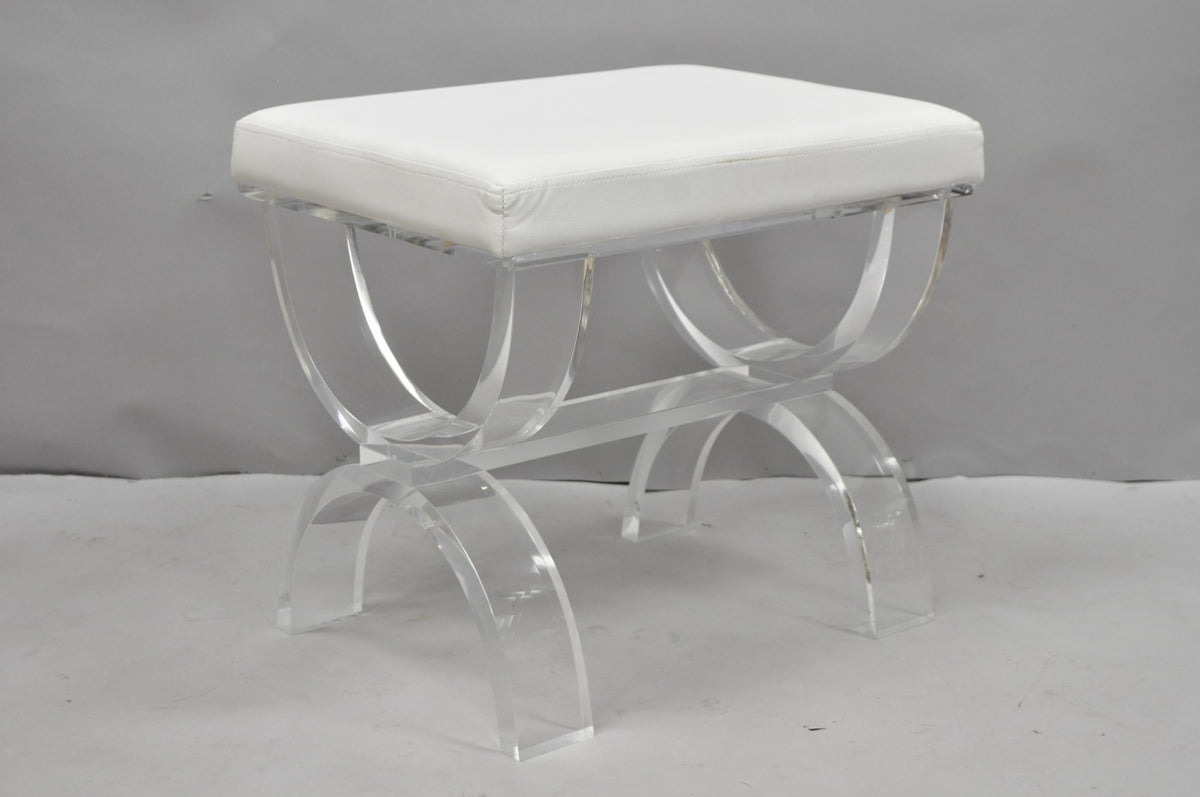 Contemporary Modern Lucite Acrylic X-Form White Vanity Bench Stool Seat