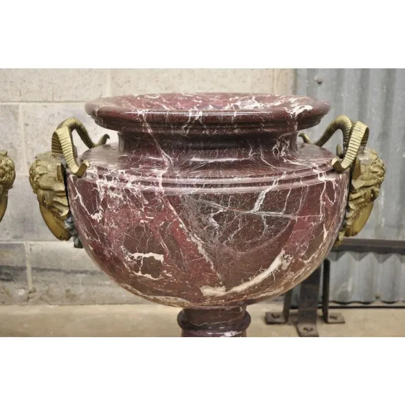 Large French Neoclassical Rouge Marble Bronze Rams Head Urn Planters - a Pair