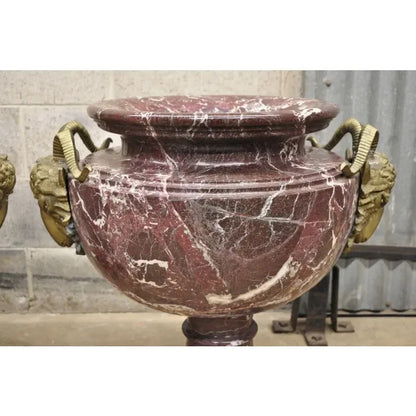 Large French Neoclassical Rouge Marble Bronze Rams Head Urn Planters - a Pair