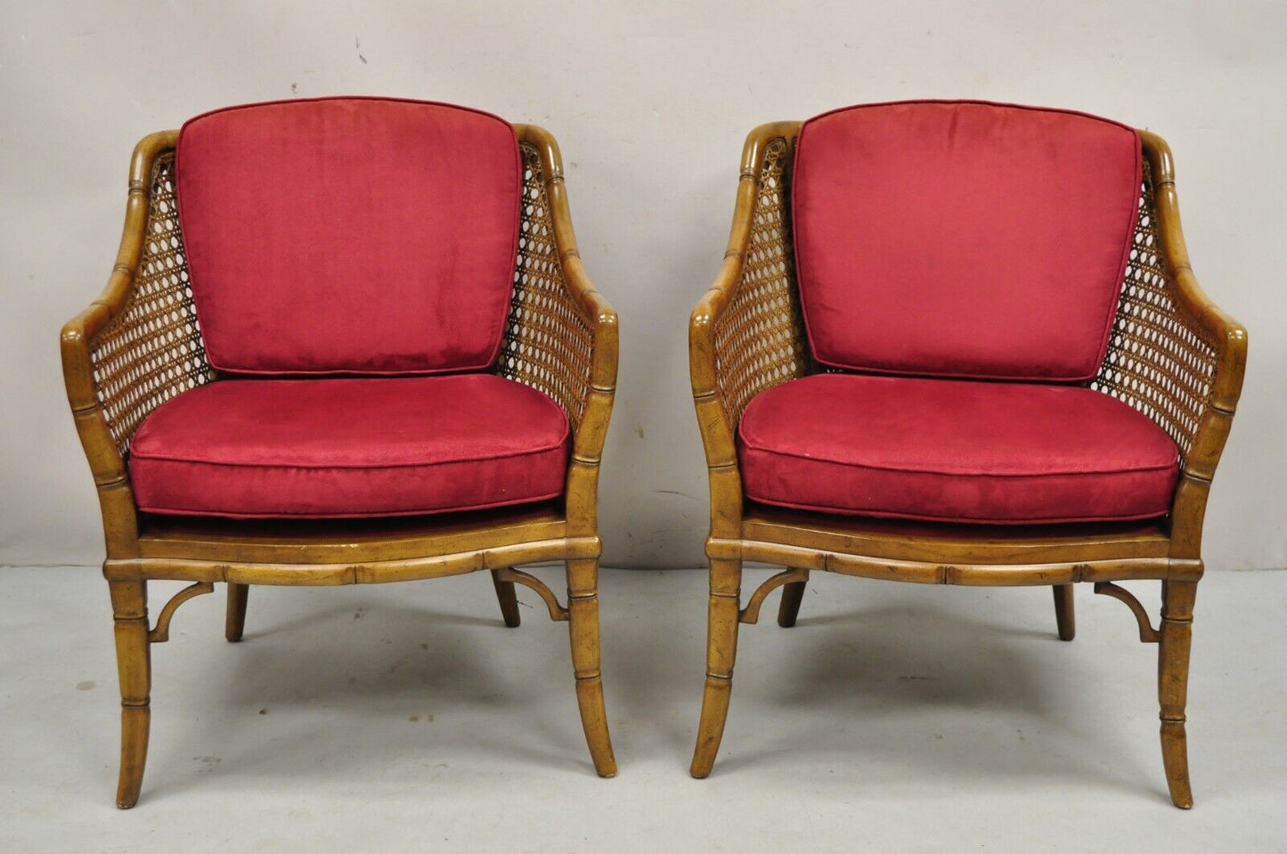 Vintage Chinese Chippendale Faux Bamboo Cane Barrel Back Club Chairs - a Pair