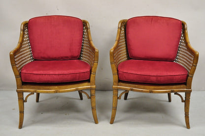 Vintage Chinese Chippendale Faux Bamboo Cane Barrel Back Club Chairs - a Pair