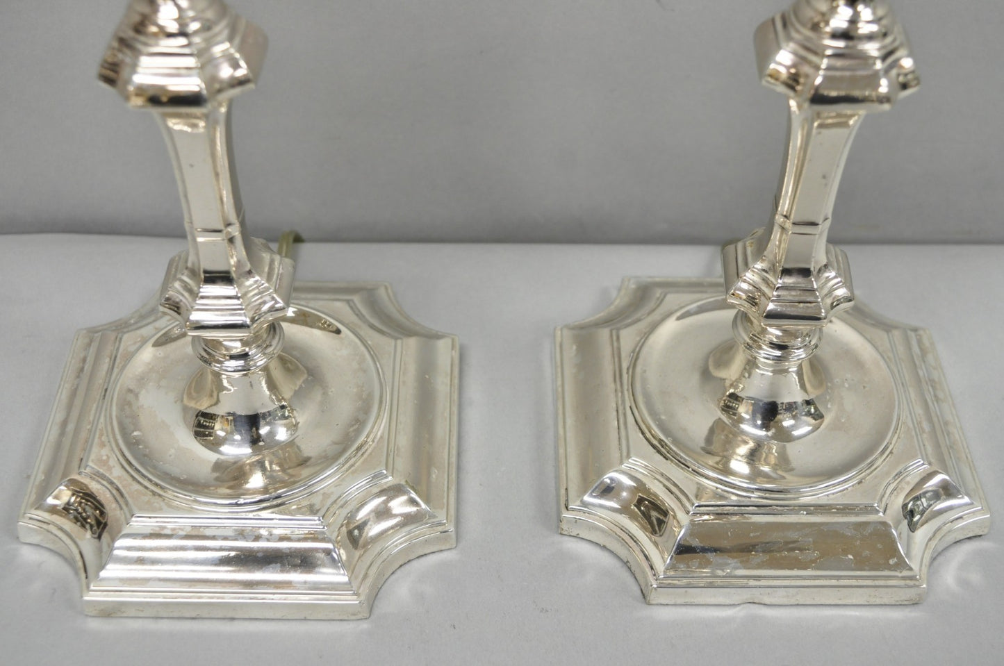 Antique English Regency Silver Plated Footed Candlestick Table Lamps - a Pair