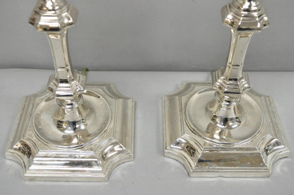 Antique English Regency Silver Plated Footed Candlestick Table Lamps - a Pair