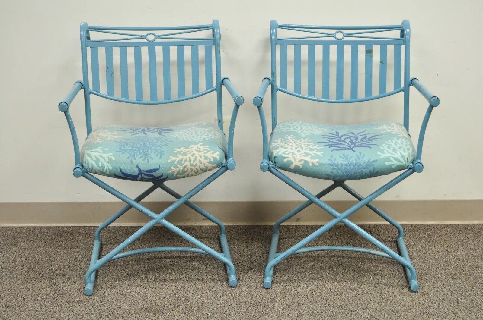 Vintage Hollywood Regency X-Frame Blue Iron Curule Directors Arm Chairs B - Pair