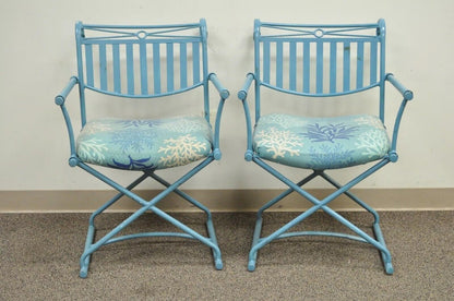 Vintage Hollywood Regency X-Frame Blue Iron Curule Directors Arm Chairs B - Pair