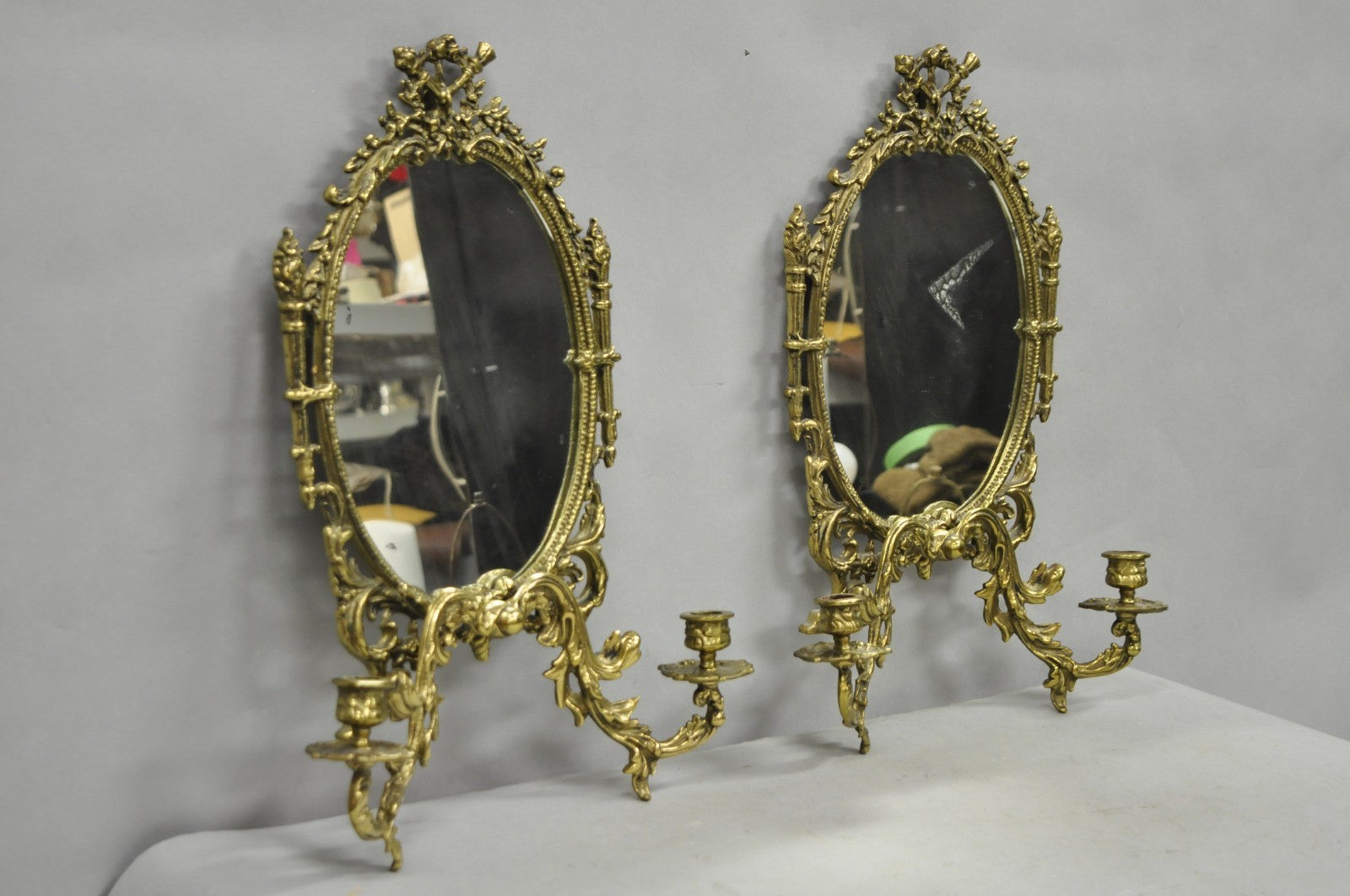 Antique French Rococo Louis XV Brass Oval Mirror Candelabra Wall Sconces - Pair