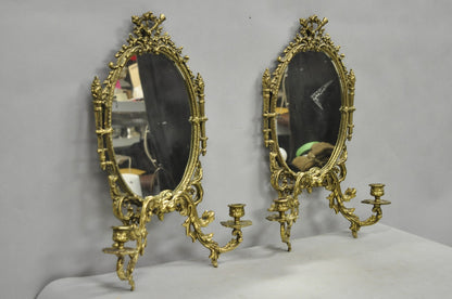 Antique French Rococo Louis XV Brass Oval Mirror Candelabra Wall Sconces - Pair