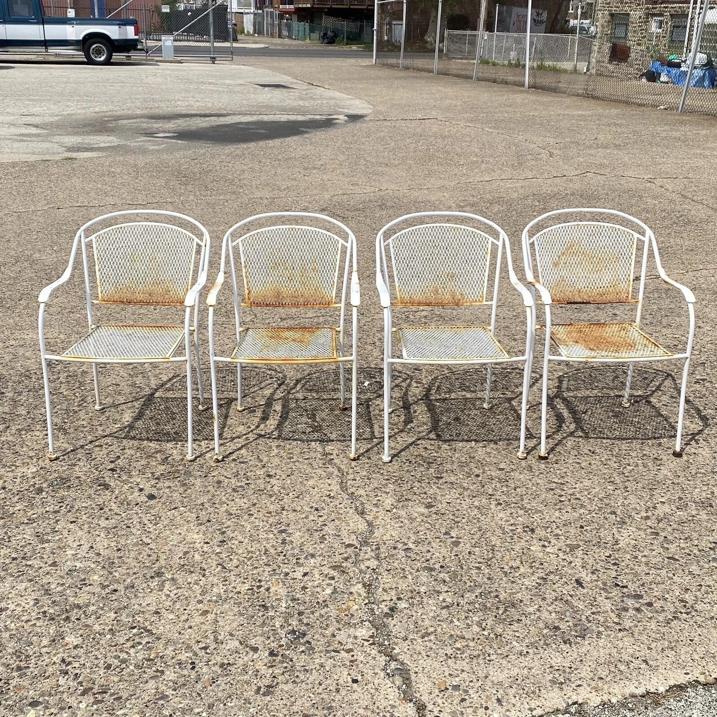Vintage Modern Wrought Iron Sculptural Outdoor Patio Stacking Arm Chairs - Set 4