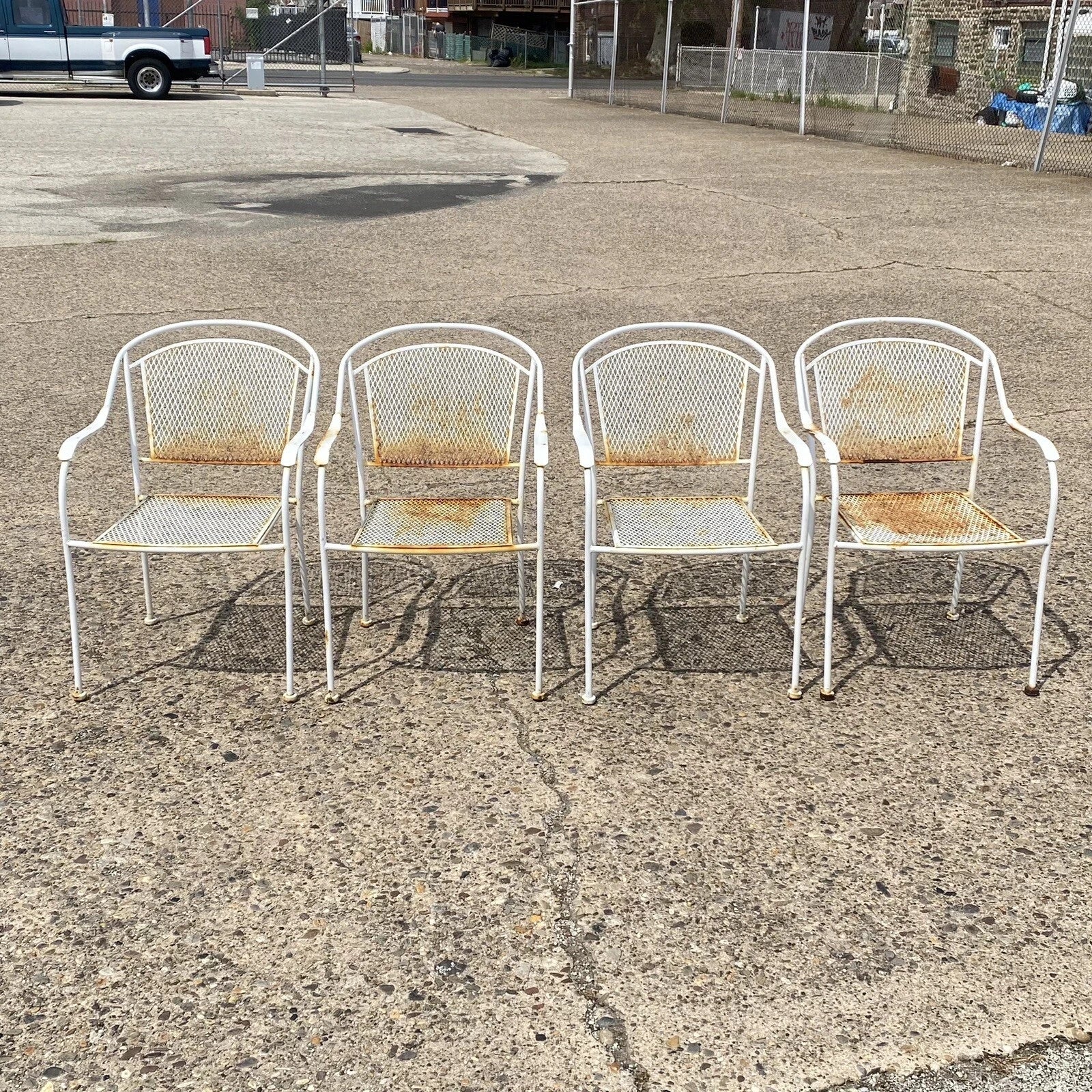 Vintage Modern Wrought Iron Sculptural Outdoor Patio Stacking Arm Chairs - Set 4