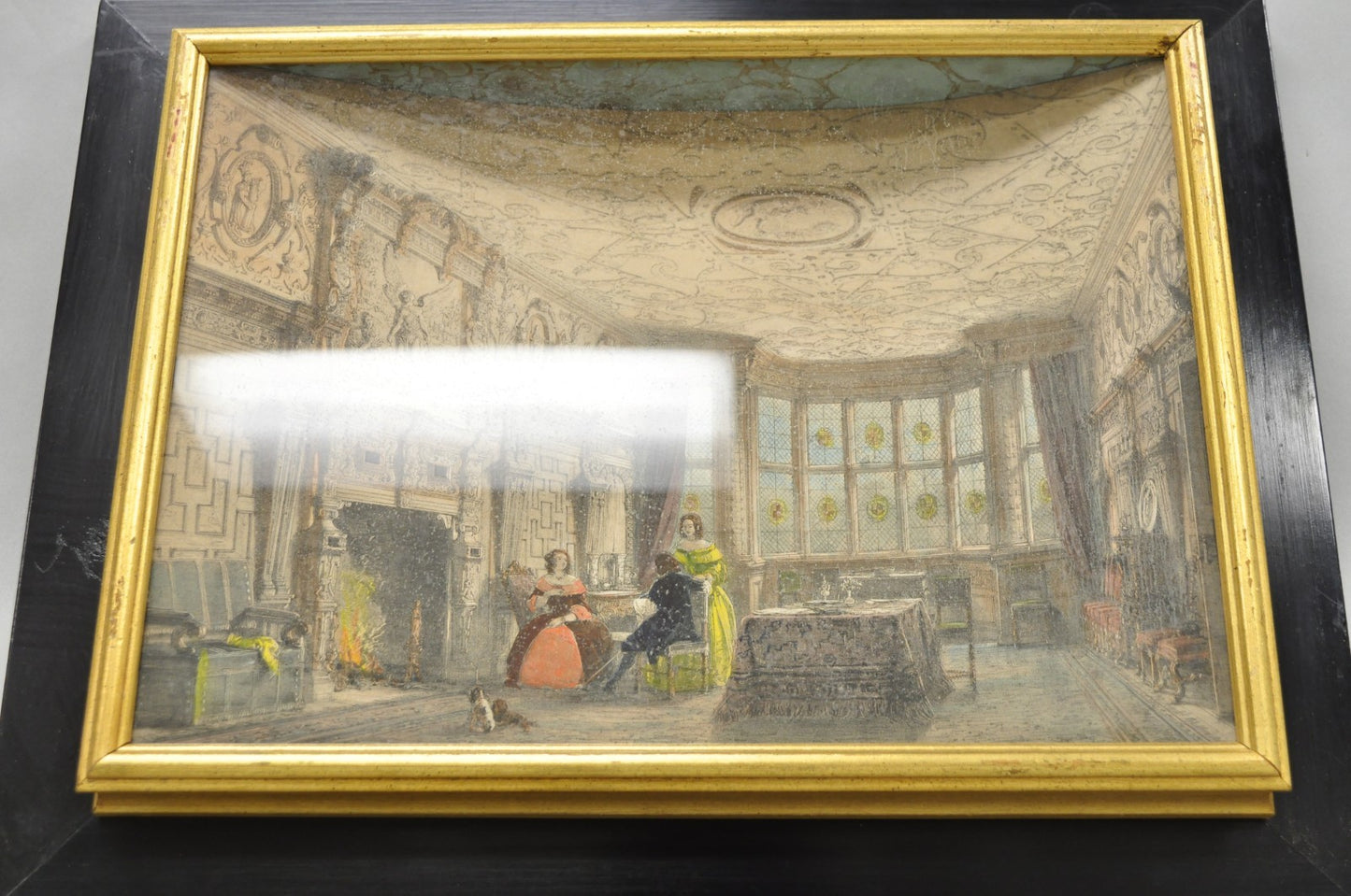 Antique Colored Lithograph 3D Frame Hall of Levens & Trophy Room Joseph Nash (2)
