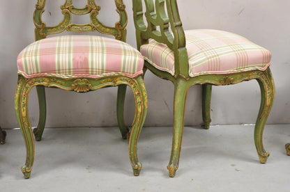 Antique Italian Venetian Green Floral Hand Painted Dining Side Chairs - Set of 4