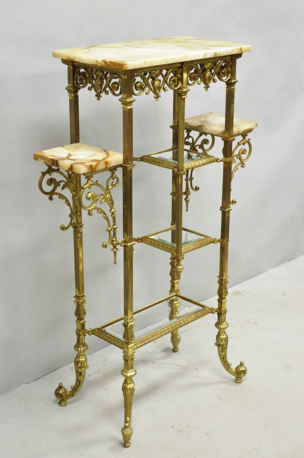Antique Victorian Brass & Onyx Ornate Tiered Etagere Curio Display Stand Shelf