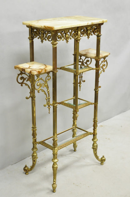 Antique Victorian Brass & Onyx Ornate Tiered Etagere Curio Display Stand Shelf