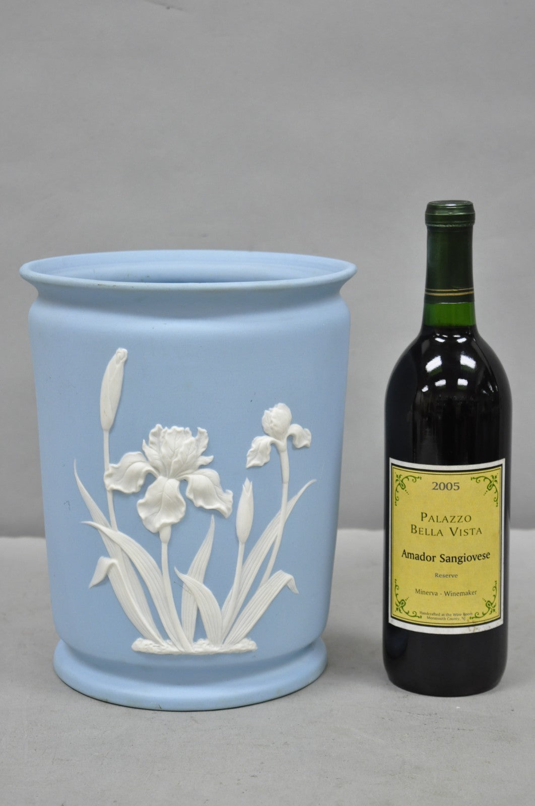 Vintage Flambro Cameo Iris Blue Jasperware Wedgwood Style Floral Cachepot Vase