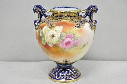 Antique Nippon Hand Painted Floral Design Cobalt Blue Porcelain Bolted Urn Vase