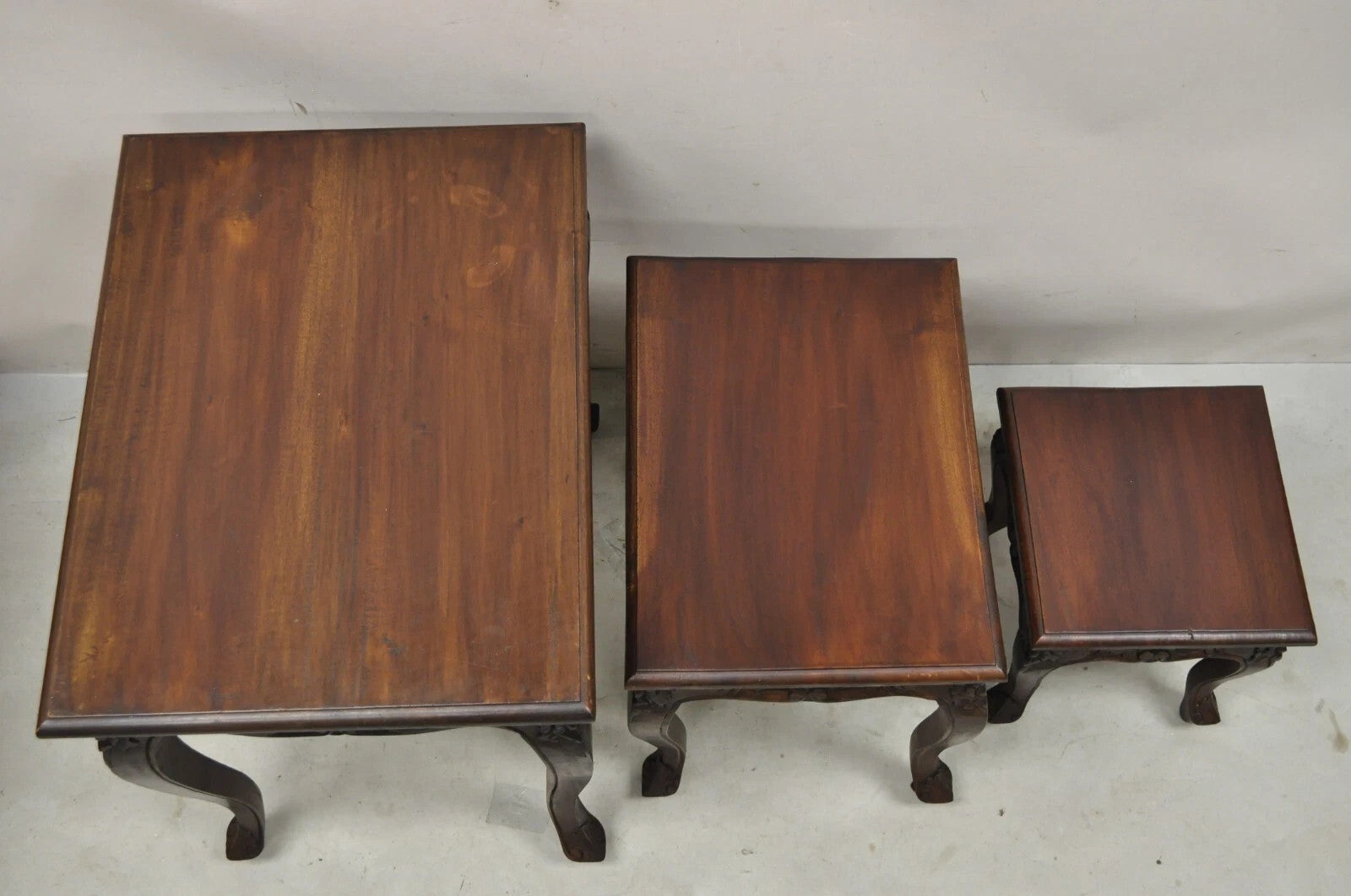 Vintage French Rococo Baroque Style Mahogany Nesting Side Tables - Set of 3