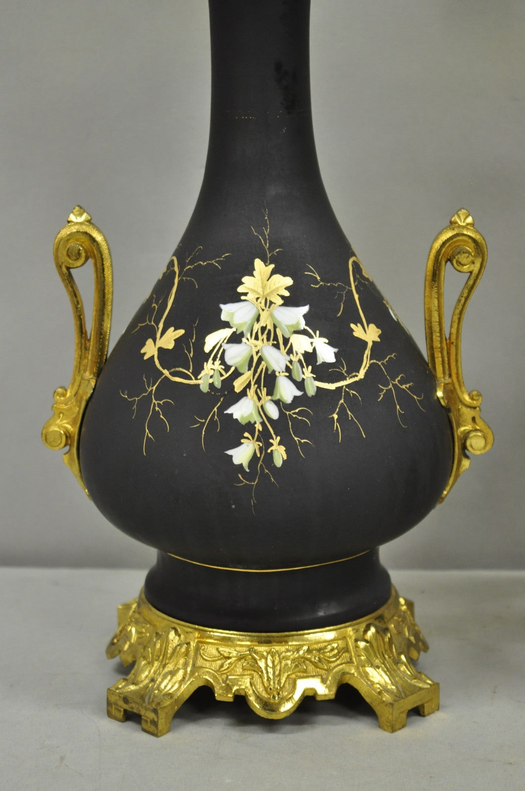 Antique Victorian French Black Porcelain Bronze Ormolu Oil Lamp Table Lamps Pair