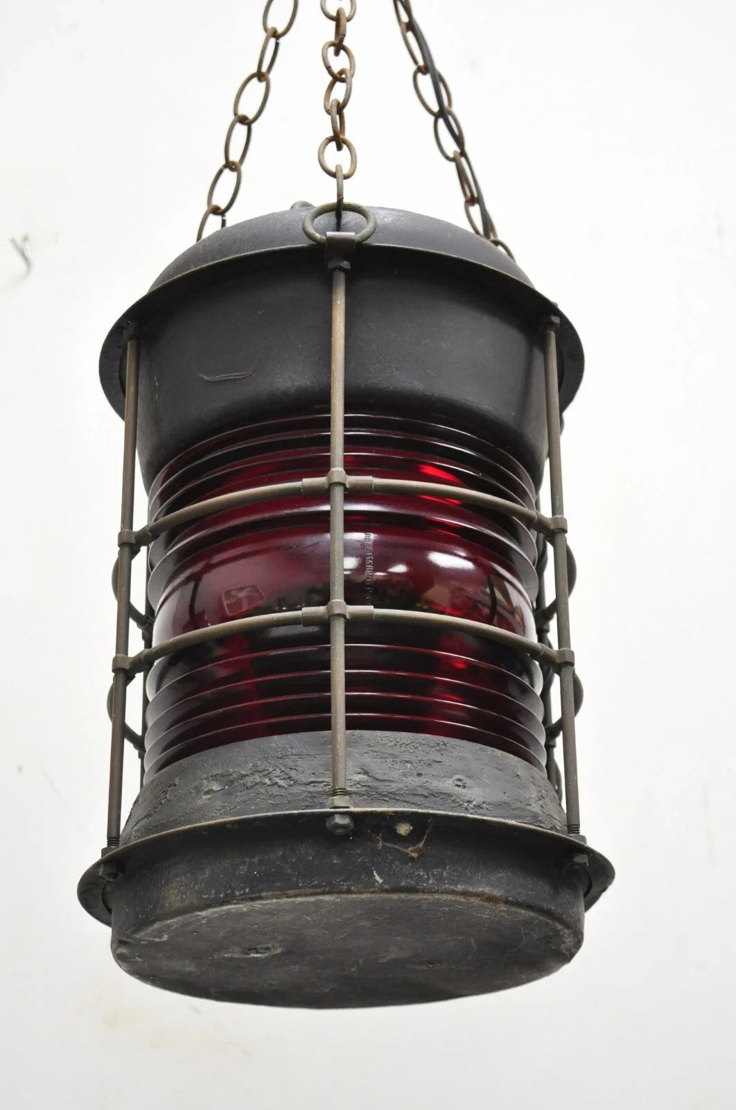 Antique Durkee Marine Ship Lantern Fixture Red Fresnel Pendant Chandelier (B)