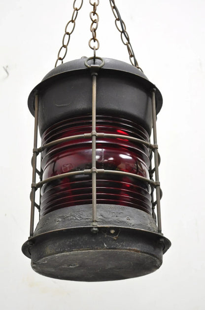 Antique Durkee Marine Ship Lantern Fixture Red Fresnel Pendant Chandelier (B)