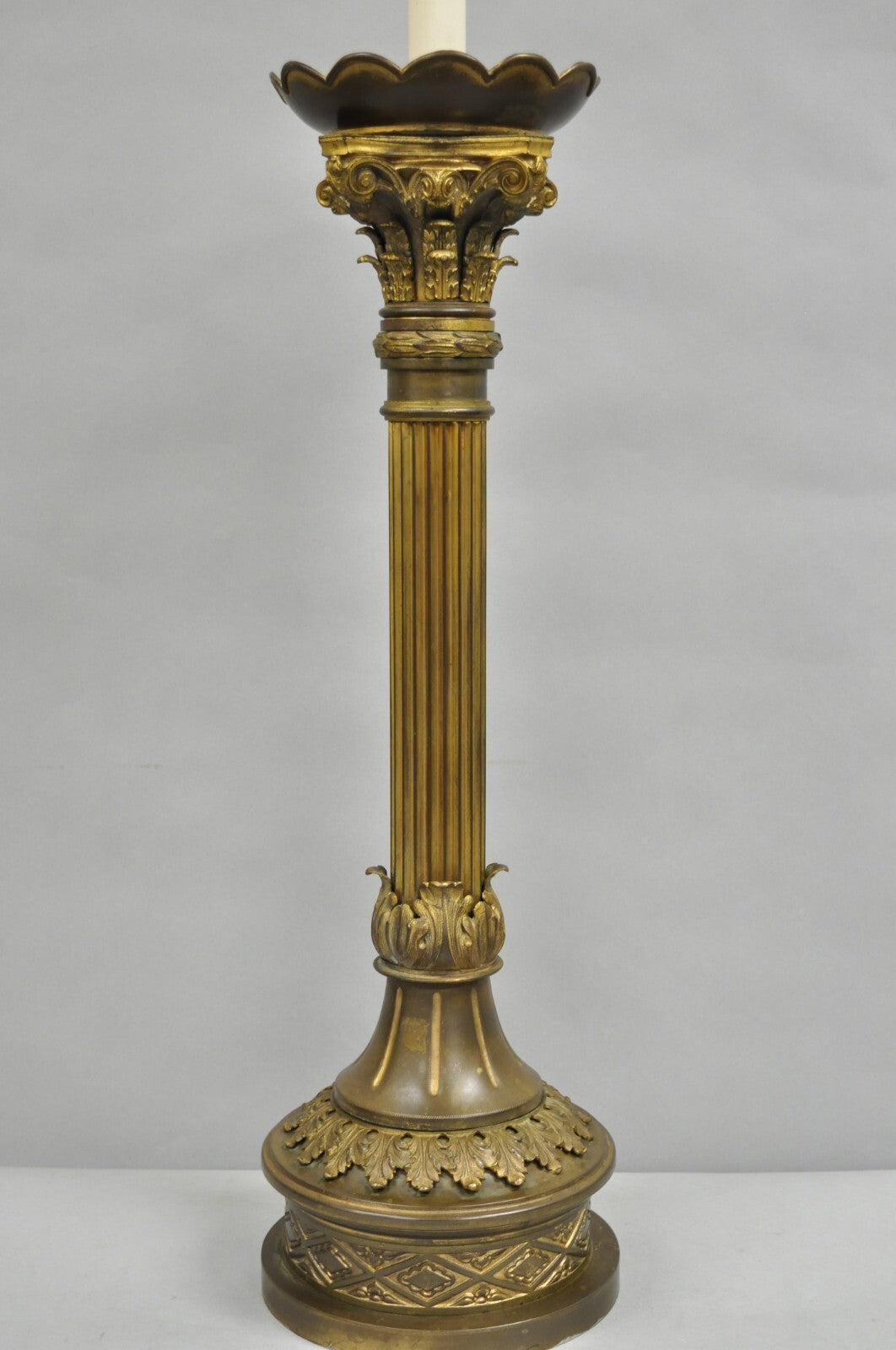 Antique French Empire Patinated Bronze Corinthian Column Candlestick Table Lamp