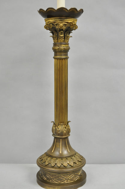 Antique French Empire Patinated Bronze Corinthian Column Candlestick Table Lamp