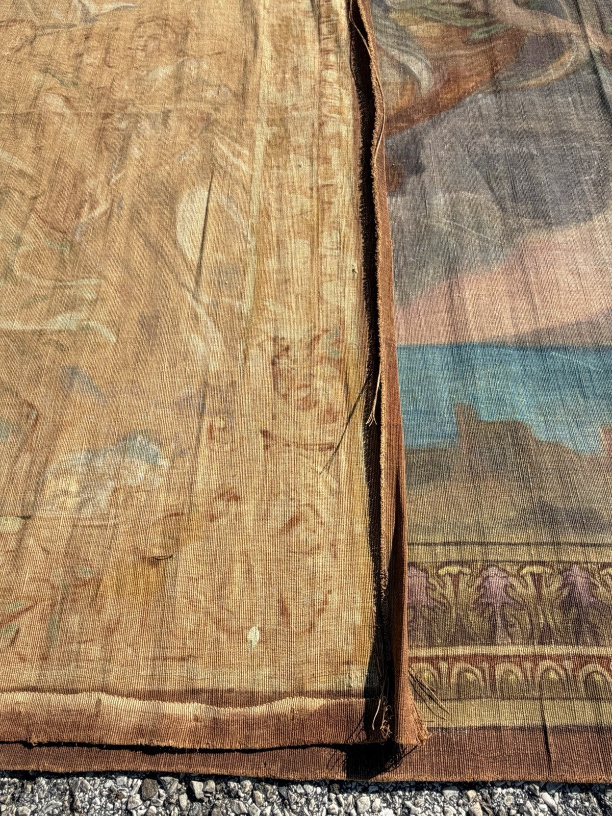 19th C. French Toile Peinte Hand Painted 112" Tapestry after Reni "The Aurora"
