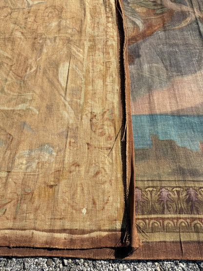 19th C. French Toile Peinte Hand Painted 112" Tapestry after Reni "The Aurora"
