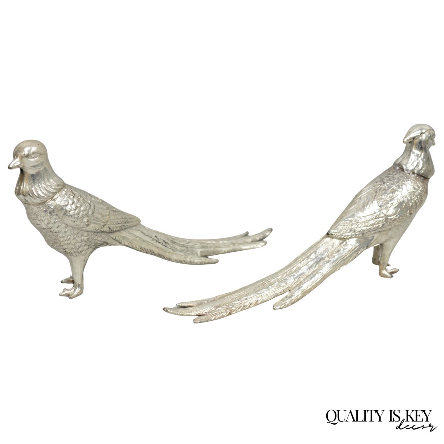 Vintage Mid Century Modern Silver Plated Pheasant Peacock Bird Figurines - Pair